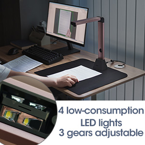 Text reads '4 low-consumption LED lights' and '3 gears adjustable'. Shows drawing tablet or light box with illuminated surface in dark setting.