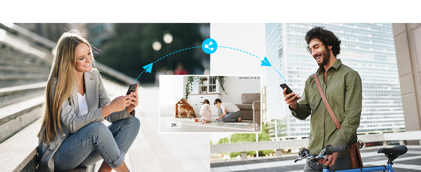 a woman and a man sitting on a bench, both holding their phones.
