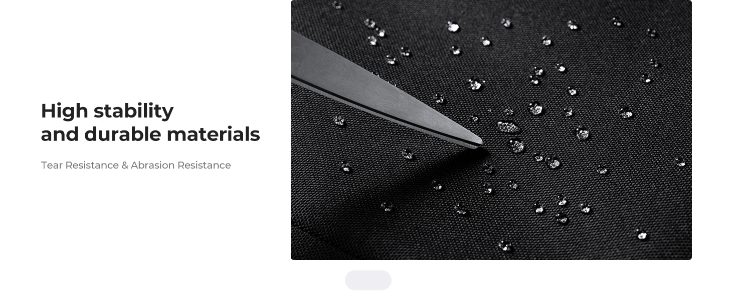 Text reads 'High stability and durable materials'. Black background with water droplets demonstrating water-resistant surface properties.