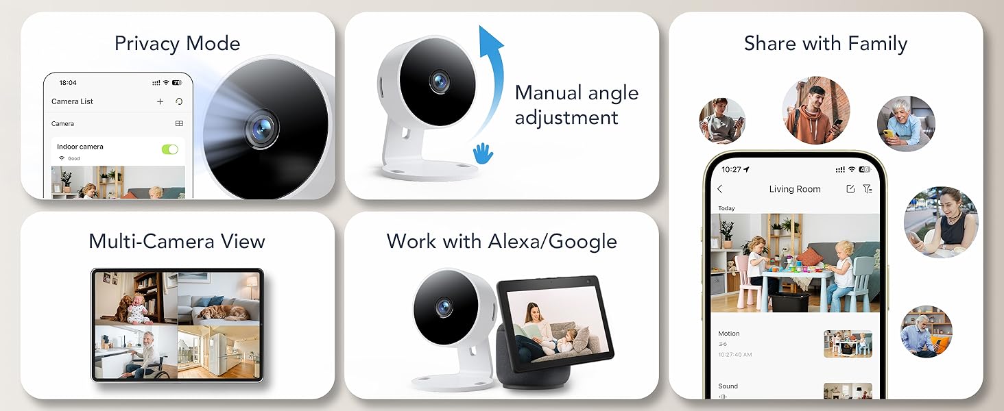 Composite image showcasing features of a smart home camera: privacy mode, manual angle adjustment, multi-camera view, voice assistant compatibility, and family sharing functionality on mobile devices.