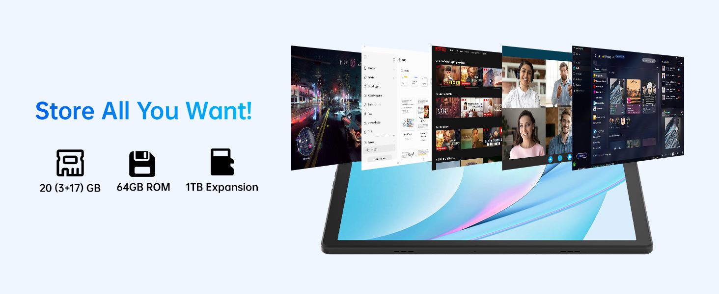 Text reads 'Store All You Want!'. Multiple digital screens showing interface elements and storage capacity information for a digital storage solution.
