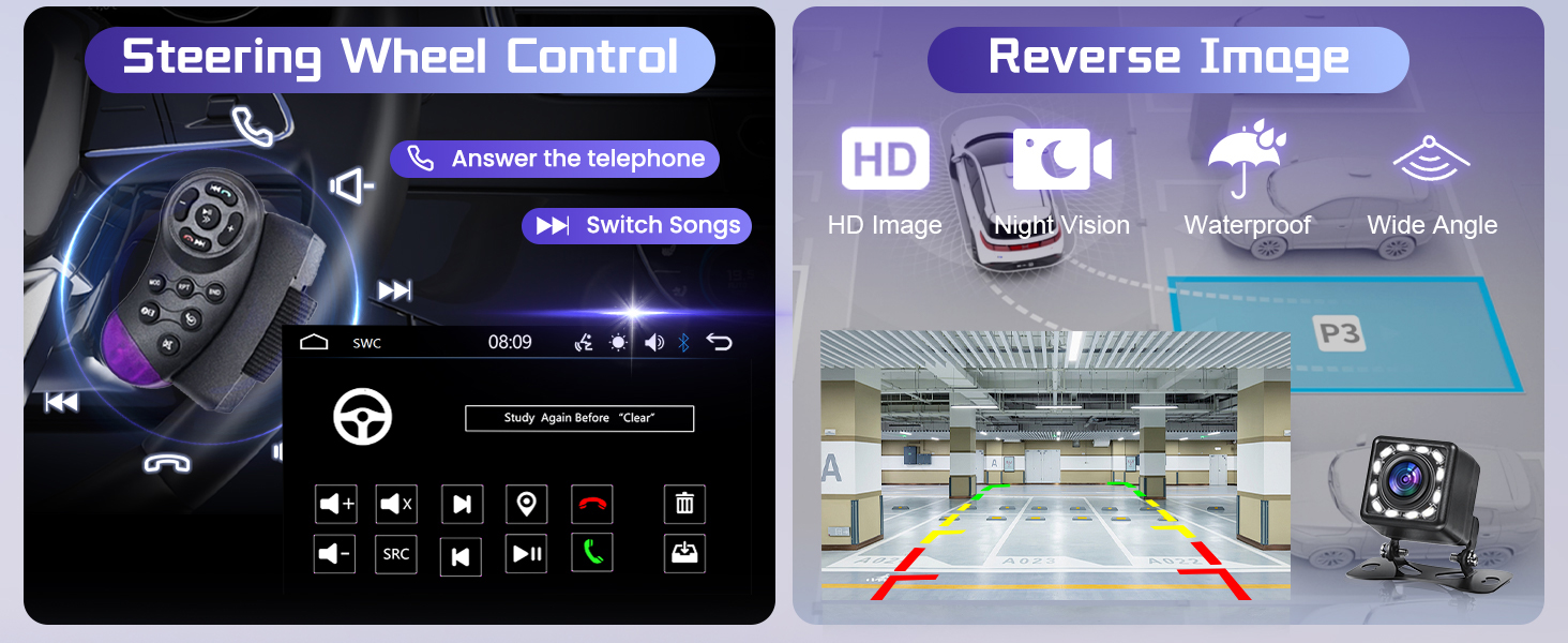 Three circular interface screens showing Bluetooth, FM Radio, and EQ Settings options with blue background.