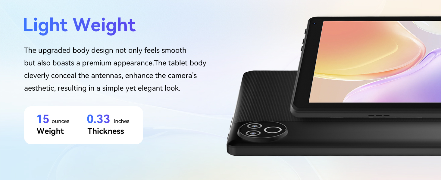 Text reads 'Light Weight' with specifications showing '15mm Weight' and '0.33mm Thickness'. Image shows thin profile of electronic device against gradient background.
