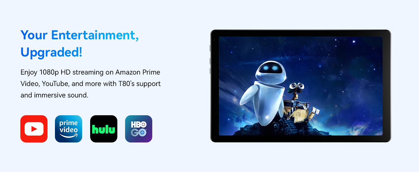 Text reads 'Your Entertainment, Upgraded!' with logos for YouTube, Prime Video, Hulu, and HBO Max. Features robotic character against starry background.