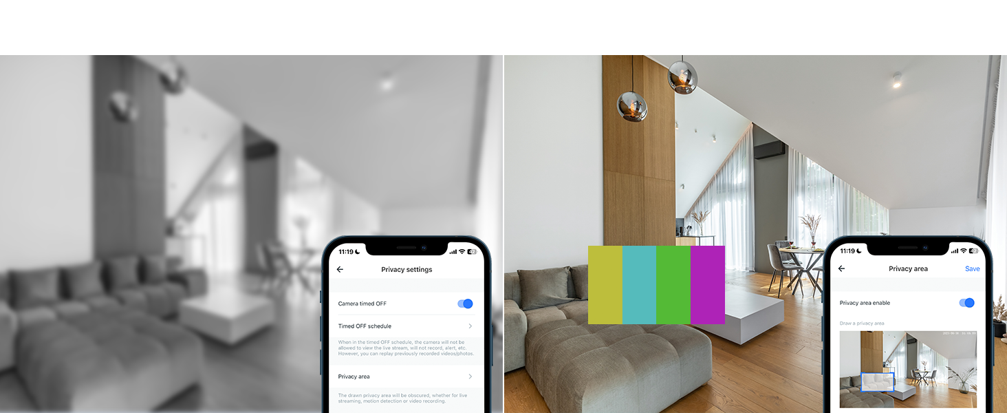 Split-screen smartphone interface showcasing a home automation app. Left side shows a grayscale room, right side displays colorful room controls.