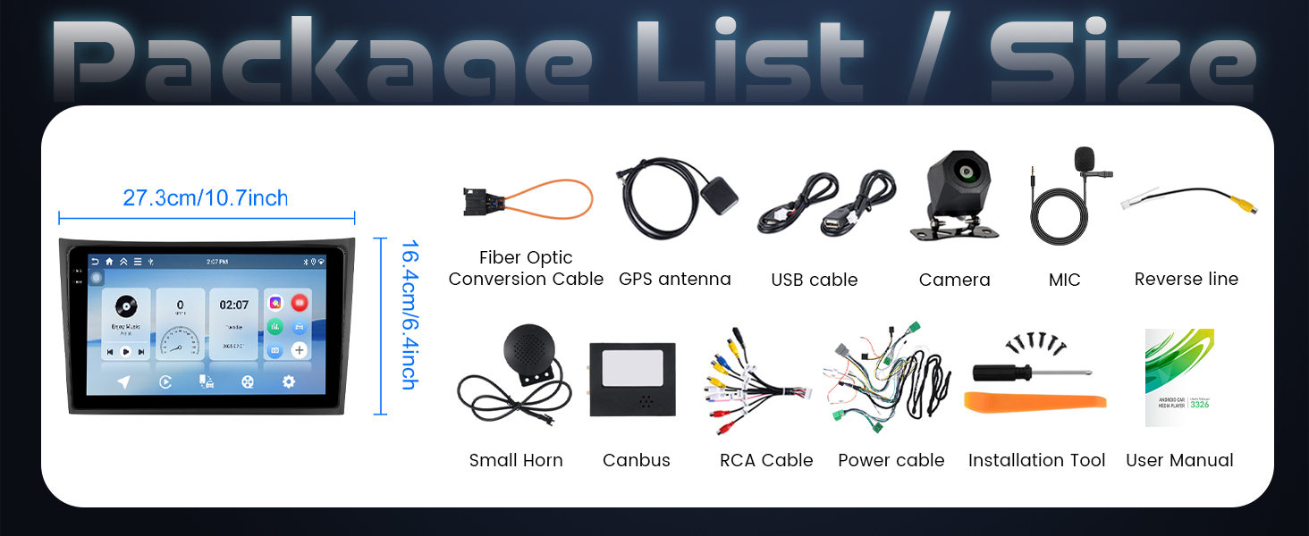 Text reads 'Package List / Size'. Technical diagram showing product specifications and component illustrations with measurements.