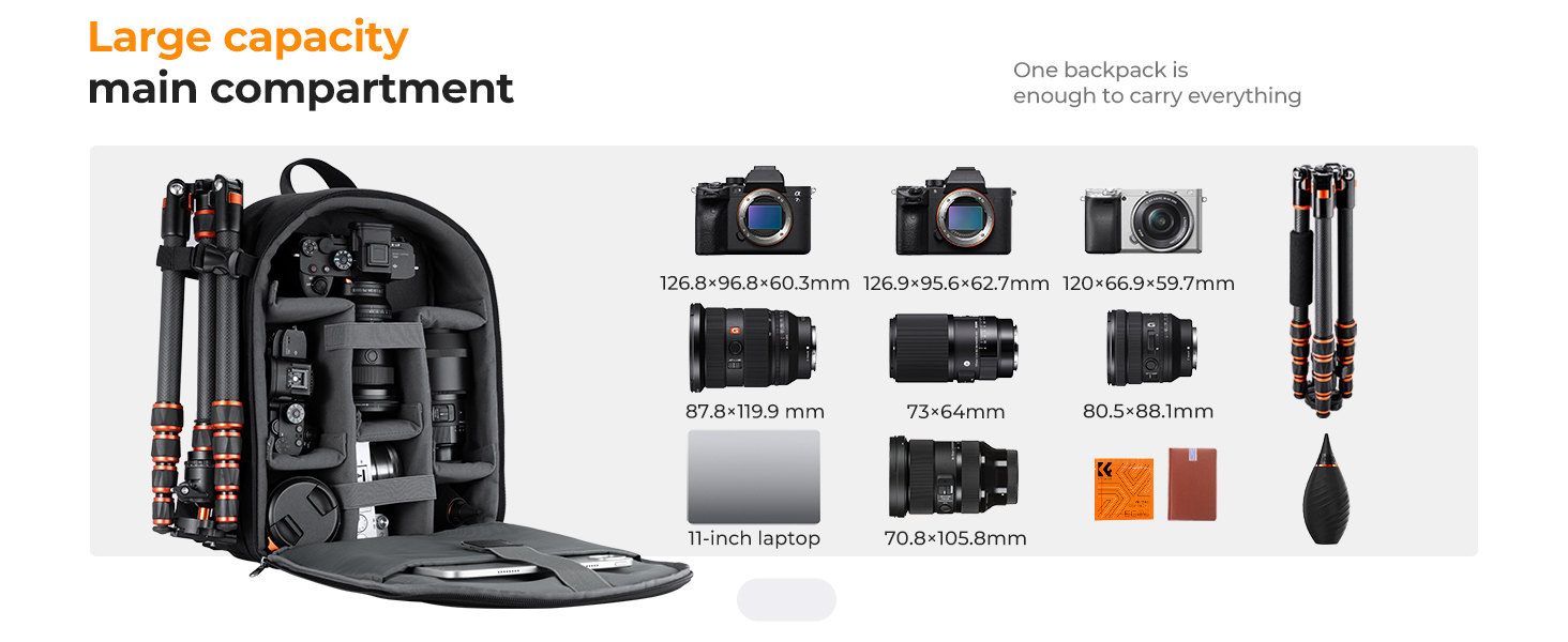 Text reads 'Large capacity multi compartment'. Series of technical product images showing multiple compartments and configurations of a dark-colored device or system.