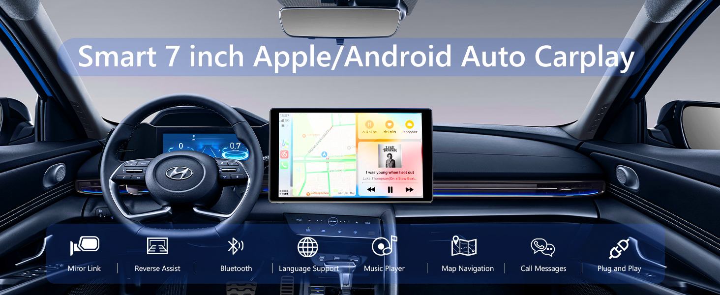 Text reads 'Smart 7 inch Apple/Android Auto Carplay'. Car dashboard display showing digital interface with navigation and menu icons.