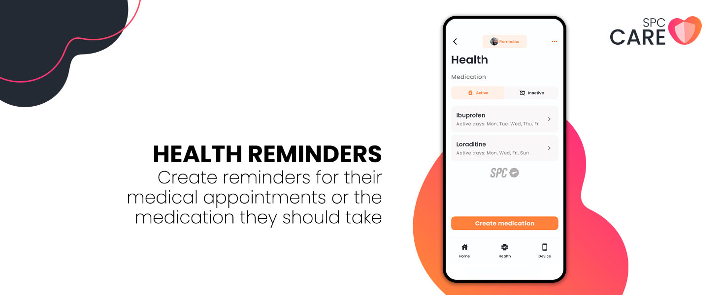 Text reads 'HEALTH REMINDERS' with 'Create reminders for their medicines and appointments. Health checks can stay scheduled.' Mobile app interface showing health tracking features.