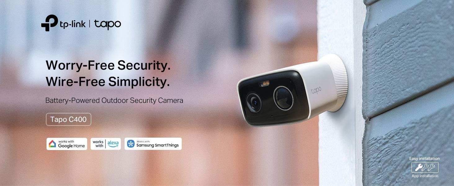 Text reads 'tp-link tapo Worry-Free Security. Wire-Free Simplicity.' Shows outdoor security camera mounted on exterior wall with app interface elements.