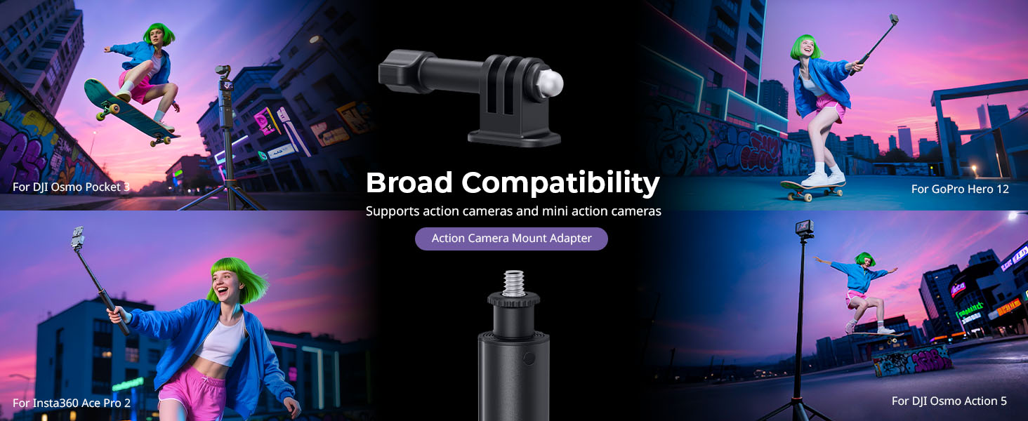 Composite image showcasing camera mount compatibility with action scenes featuring skateboarders in neon-lit environments. Central product shows black mounting adapter.
