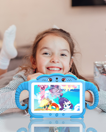 Pink electronic device with cartoon character display, appears to be a children's gadget with decorative elements.