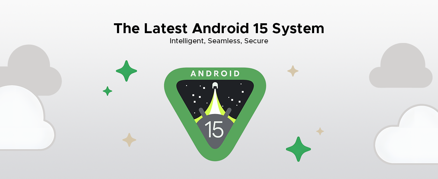 Android 15 system logo graphic featuring triangular green badge with number 15, surrounded by decorative stars and cloud elements.
