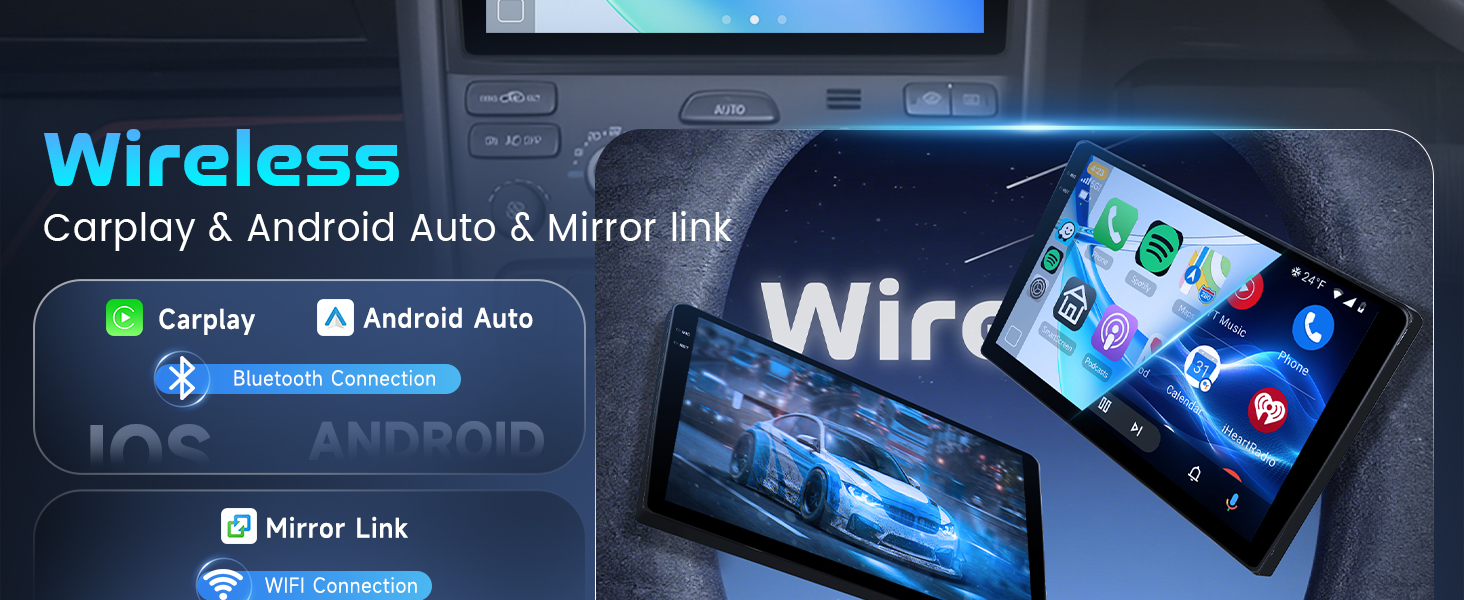 Text reads 'Wireless Carplay & Android Auto & Mirror Link'. Digital interface display showing car infotainment system with multiple connected device icons and navigation menu.