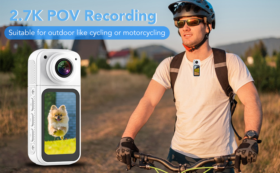 Text reads '4K POV Recording'. White action camera mounted on shoulder strap, shown against outdoor hiking scene.