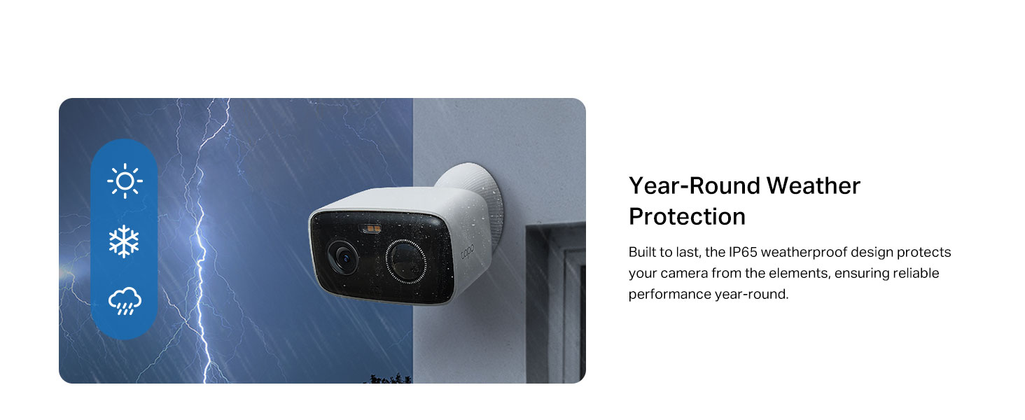 Text reads 'Year-Round Weather Protection'. Product image showing security camera against blue background with lightning bolt and snowflake icons.