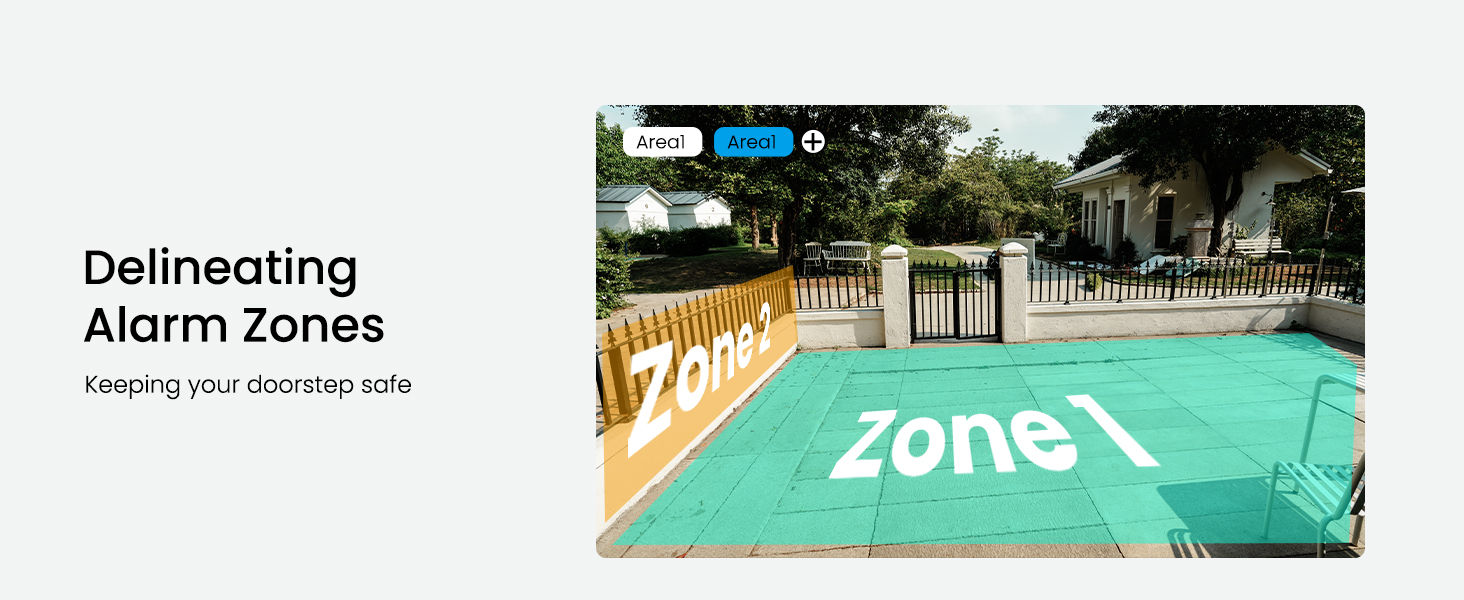 Text reads 'Delineating alarm zones'. Swimming pool area with overlay graphics indicating security zone mapping.