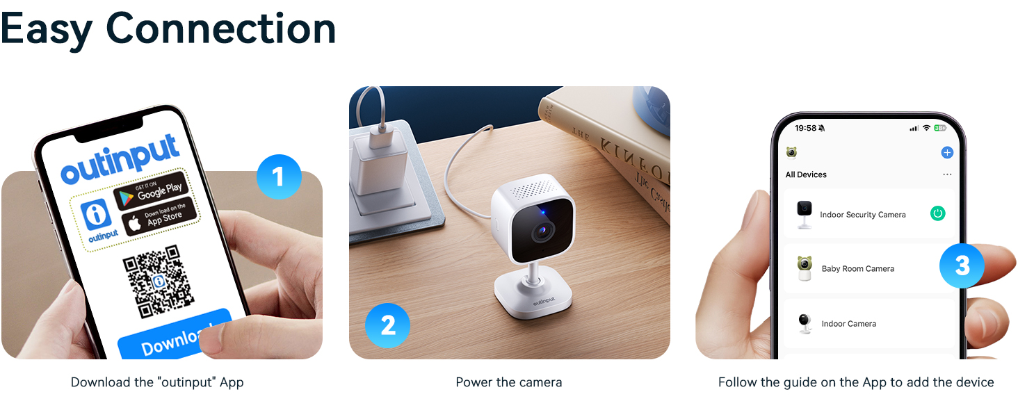 Step-by-step guide for setting up a small white security camera. Shows smartphone with QR code, camera on table, and app interface. Text reads