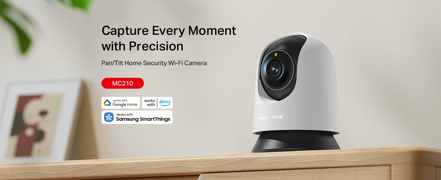 Text reads 'Capture Every Moment with Precision'. Security camera mounted on wooden shelf or ledge showing home monitoring setup.