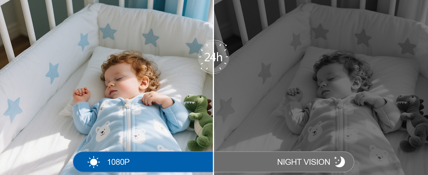 Split image showing same crib scene in color and night vision mode, demonstrating baby monitor functionality.