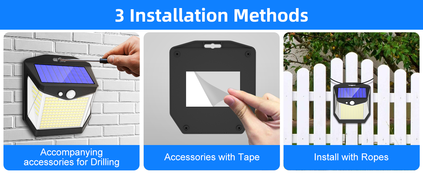 Solar-powered outdoor light with three installation methods: drilling, using tape, or hanging with ropes, demonstrated on different surfaces.