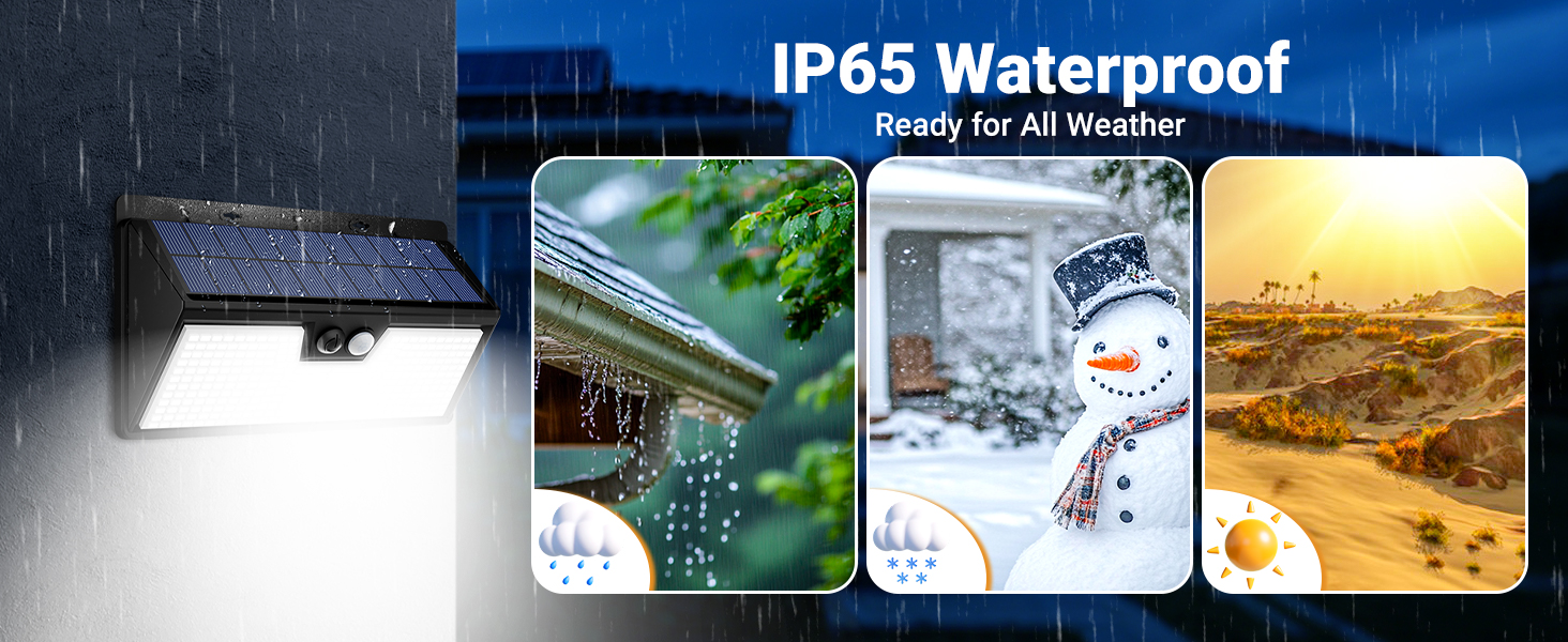 IP65 waterproof outdoor light with solar panel, shown in various weather conditions: rain, snow, and sunny desert. Illuminated LED panel visible in night scene.