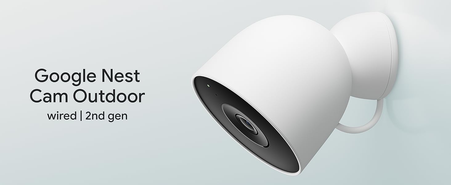 Text reads 'Google Nest Cam Outdoor'. Multiple views of a white security camera with rounded design mounted outdoors, showing different angles and mounting positions.