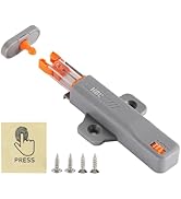 Gray cabinet latch with orange push-button mechanism. Includes mounting screws and 'PRESS' instruction sticker. Device features a spring-loaded design for secure closure.