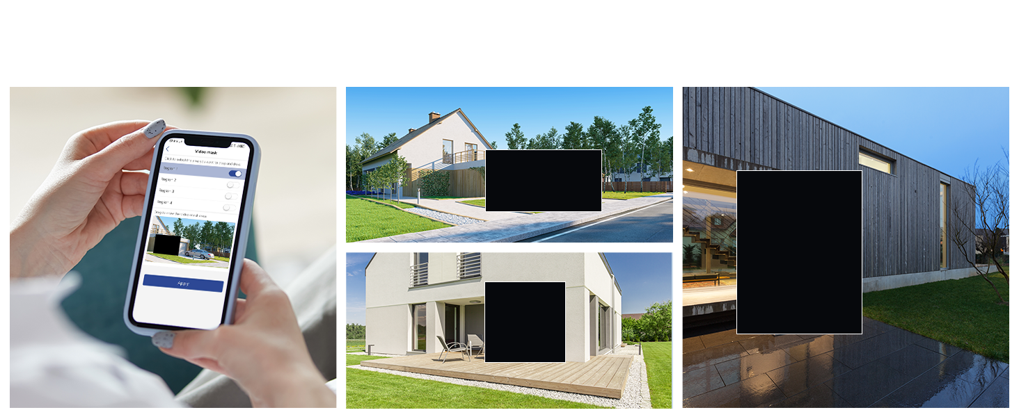 Series of smartphone app interface screenshots showing property or home monitoring system with multiple camera view options and settings panels.