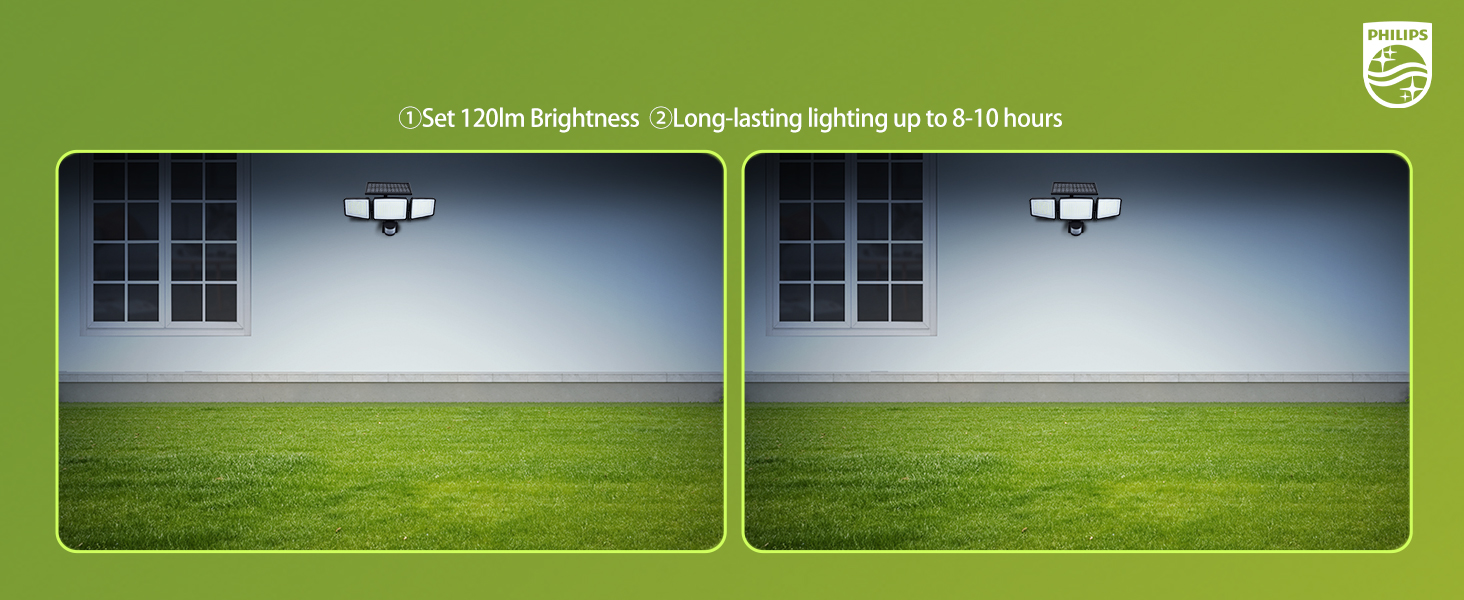 Split comparison image showing outdoor nighttime lighting difference, with darker and brighter illumination of house exterior and lawn.