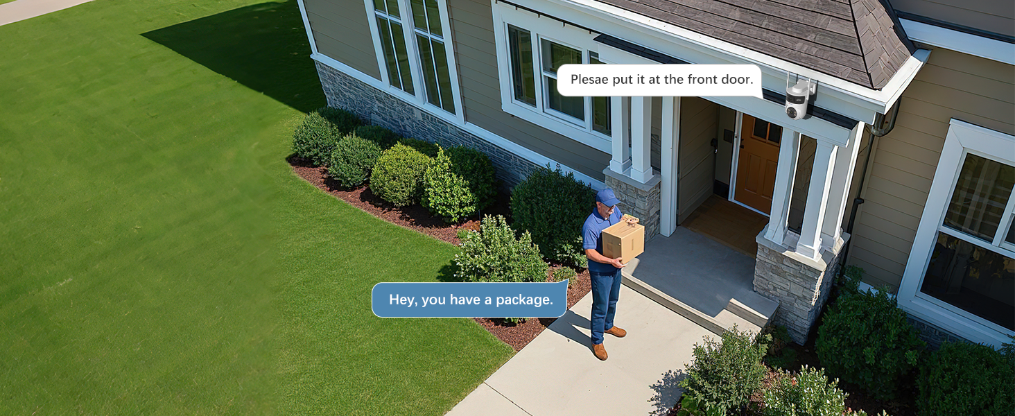 Exterior view of house with white columns and green lawn, with delivery person approaching the front door.
