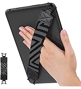 Hand holding a black tablet with a blue and gray patterned strap. Strap has geometric design and provides secure grip. Inset shows full strap design.