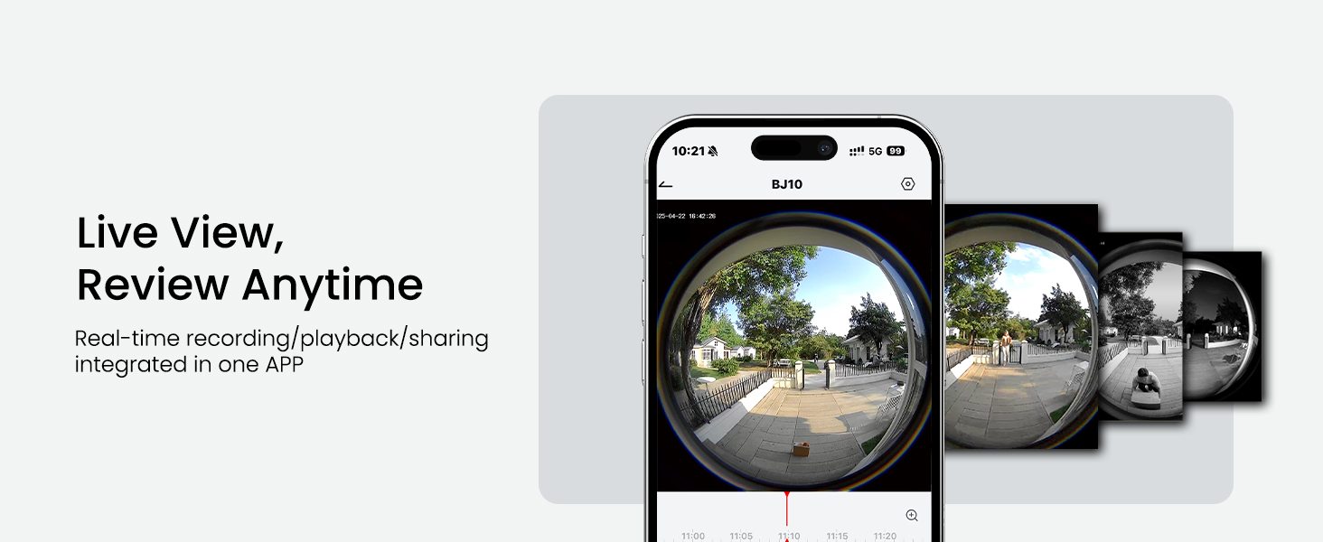 Text reads 'Live View', 'Review Anytime'. Technical product interface images showing wide-angle camera views and mobile app screenshots.