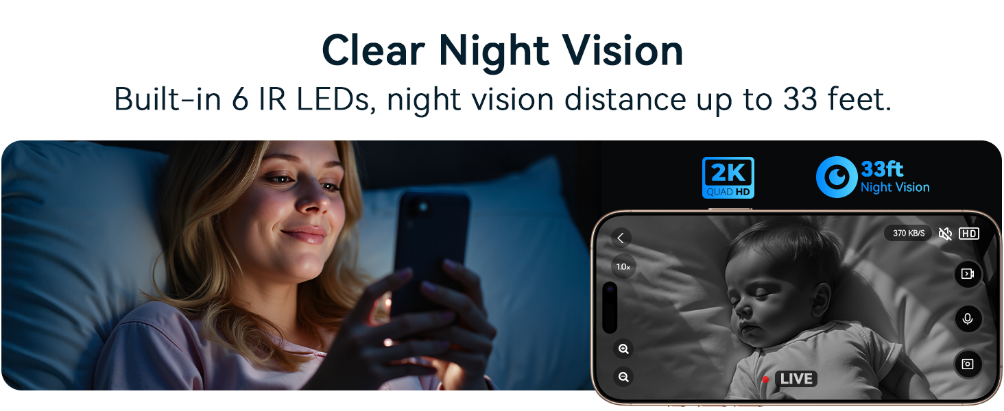 Smart device display showing night vision capability with 'Clear Night Vision' text. Built-in 6 IR LEDs with 33-foot range. Split view shows monitoring interface with '2K' badge.