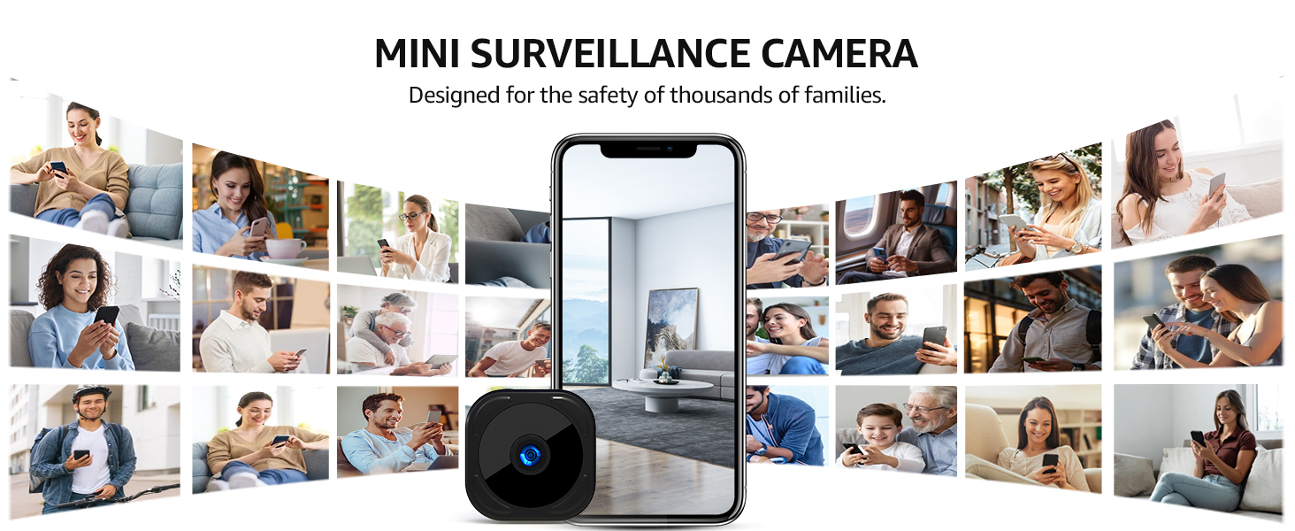 Text reads 'MINI SURVEILLANCE CAMERA'. Collage of security camera usage scenarios showing various indoor monitoring situations and device placement options.