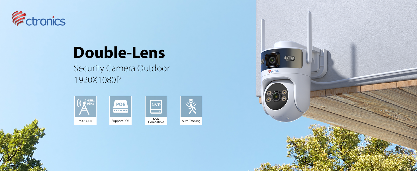 Text reads 'Double-Lens'. Security camera product images showing outdoor surveillance camera installation and mounting options.