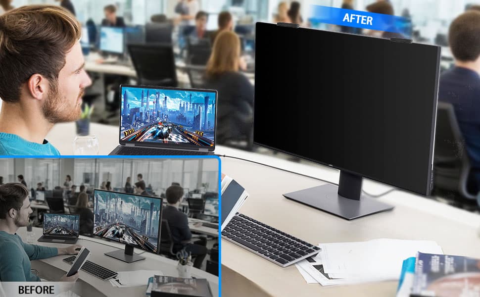 Text reads 'ANTI BLUE LIGHT & UV LIGHT'. Shows person at computer desk with monitor displaying colorful light spectrum, alongside product image of screen protector.