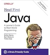 Book cover 'Head First Java: A Brain-Friendly Guide' featuring cartoon-style illustrations and text against purple background.