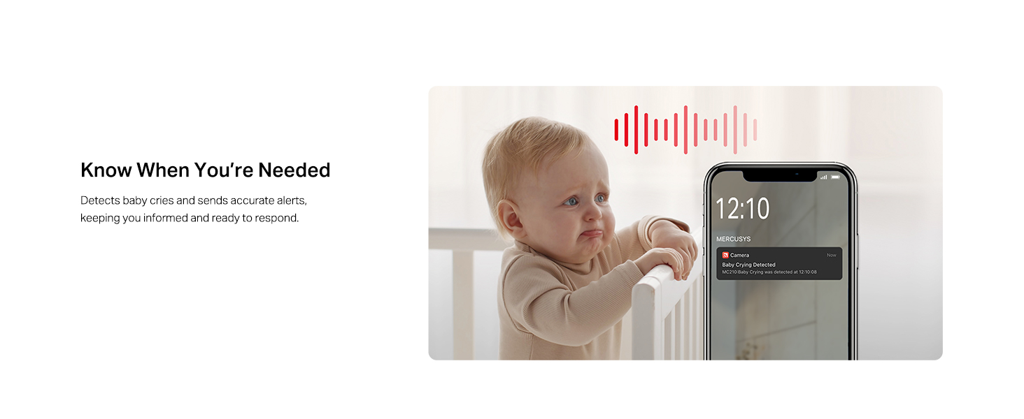 Text reads 'Know When You're Needed'. Image shows a baby touching a smartphone screen displaying audio waveforms.