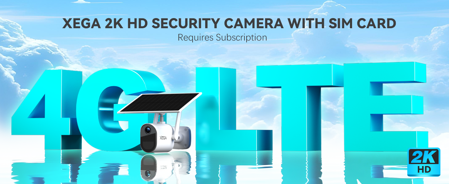 Text reads 'XEGA 2K HD SECURITY CAMERA WITH SIM CARD' and '4G LTE'. Blue technological background with white and light blue text overlay.
