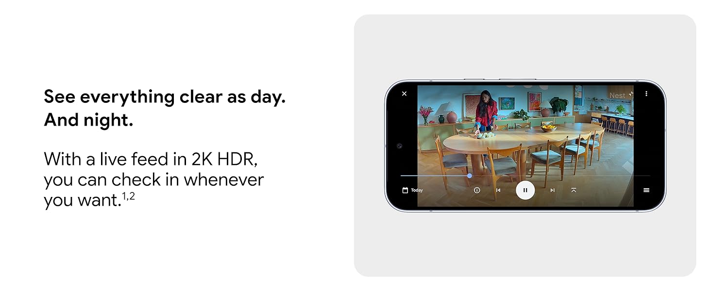 Text reads 'See everything clear as day. And night.' Promotional image showing a smartphone displaying a video or camera feed in dark and light conditions.