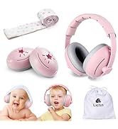 Text reads 'Lictin'. Product collection showing white noise-cancelling headphones, heart-shaped baby monitors, patterned measuring tape, and various baby monitoring accessories in white.