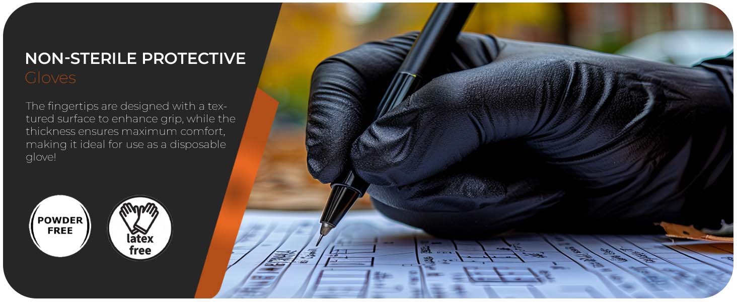 Black protective gloves being used to write on paper, with non-sterile protective certification icons visible in the corner.