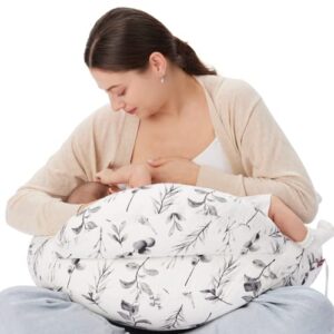 momcozy Nursing Pillow With Breastfeeding - Ergonomic Support & Original Security Fence to Baby' Safety - Making Breastfeeding Easy and Comfort for Mom & Baby - Ink Wash Leaves Patte