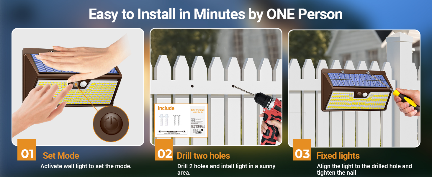Installation guide showing step-by-step process for fence mounting, featuring numbered instructions and white picket fence sections.