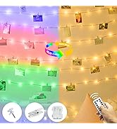 Solar-powered string lights shown in alternating product shots - solar panel stake units paired with coiled multicolored LED string lights glowing in pink, purple, and yellow.
