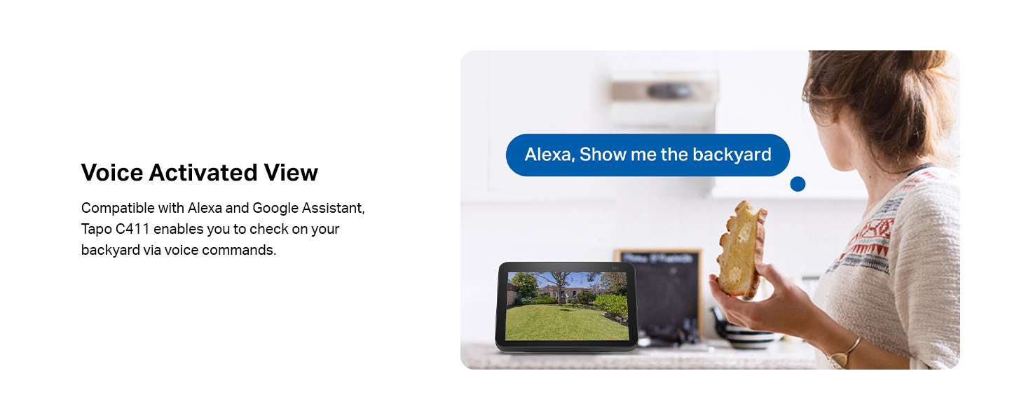 Text reads: 'Voice Activated View' and 'Alexa, show me my bathroom'. Smart home interface demonstration showing mobile device control screen.