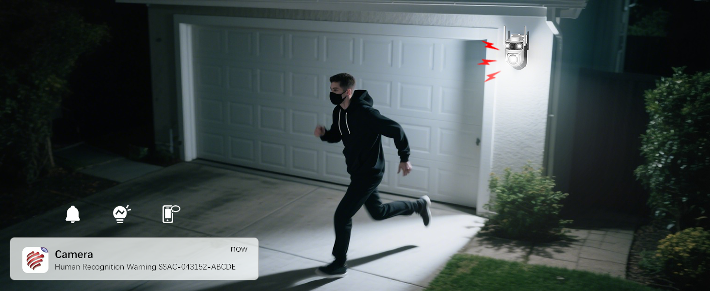 A person running in a dark garage or basement area illuminated by a single light, with an interface overlay suggesting security camera or surveillance footage.
