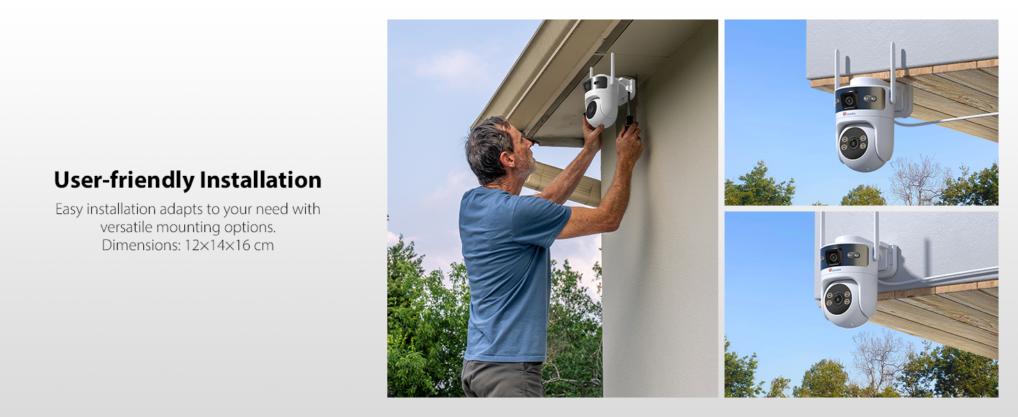 Multi-panel image showing installation steps for a security camera system mounted on exterior walls, demonstrating mounting process and positioning of wireless cameras.