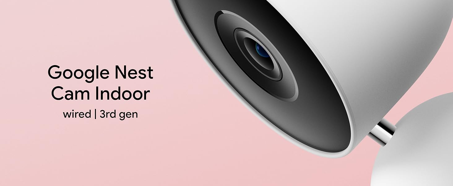 Text reads: 'Google Meet Cam Indoor' Professional webcam or camera device shown from multiple angles against gradient background.